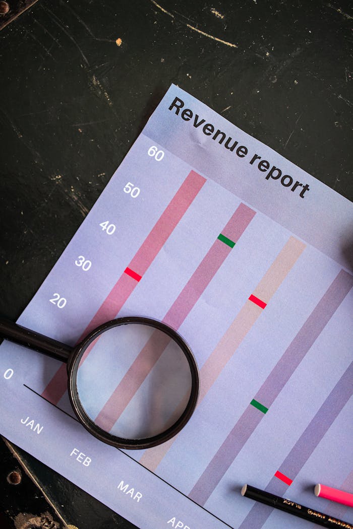 cta-bg A magnifying glass on a vertical bar chart titled Revenue report showing monthly data analysis.