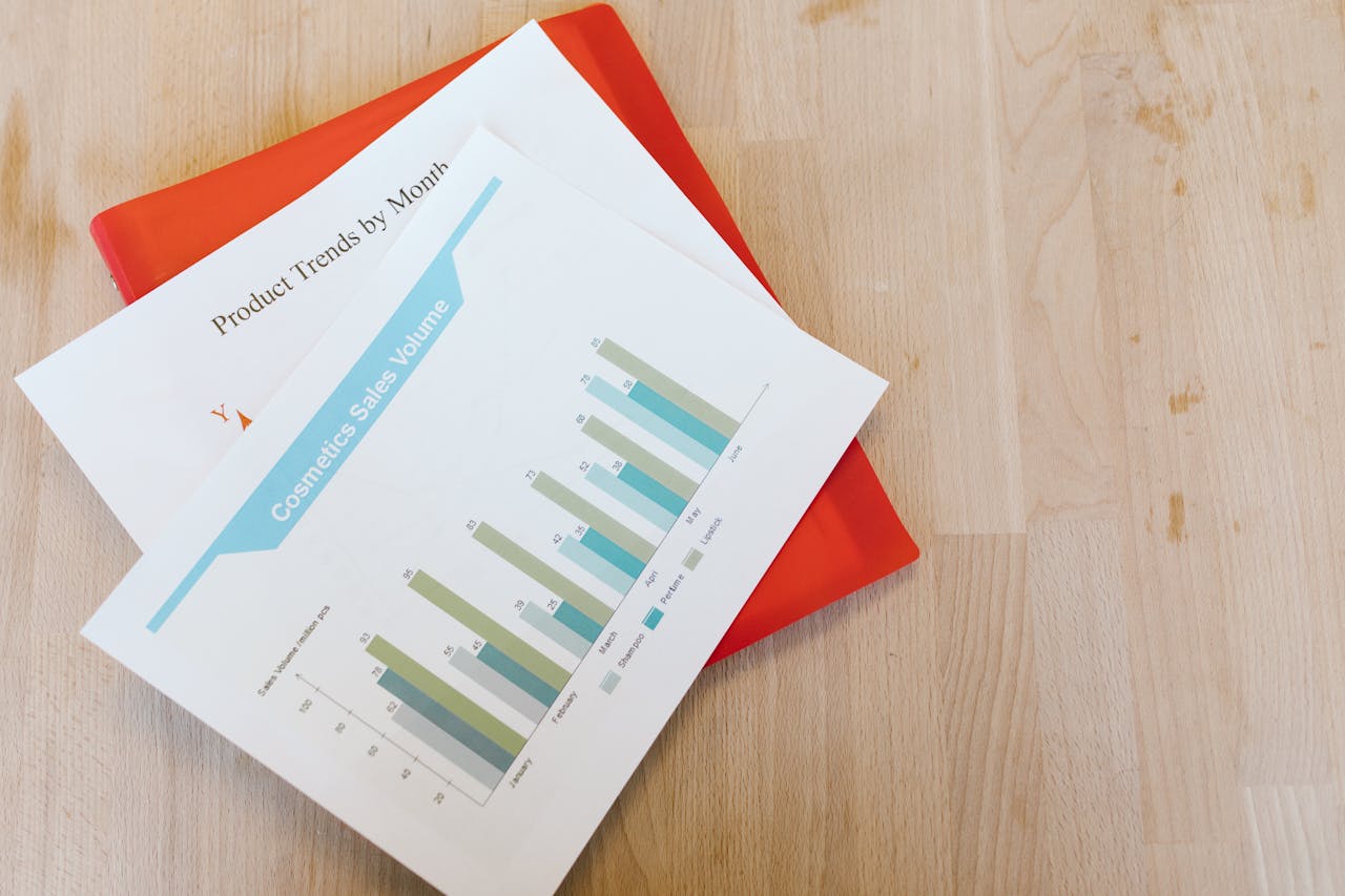 home-services-01 Top view of a cosmetics sales volume report with charts on a wooden desk.
