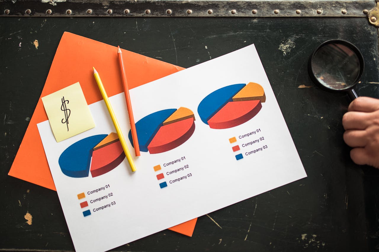 home-services-03 Colorful pie charts on paper with office supplies on a desk, illustrating financial data analysis.